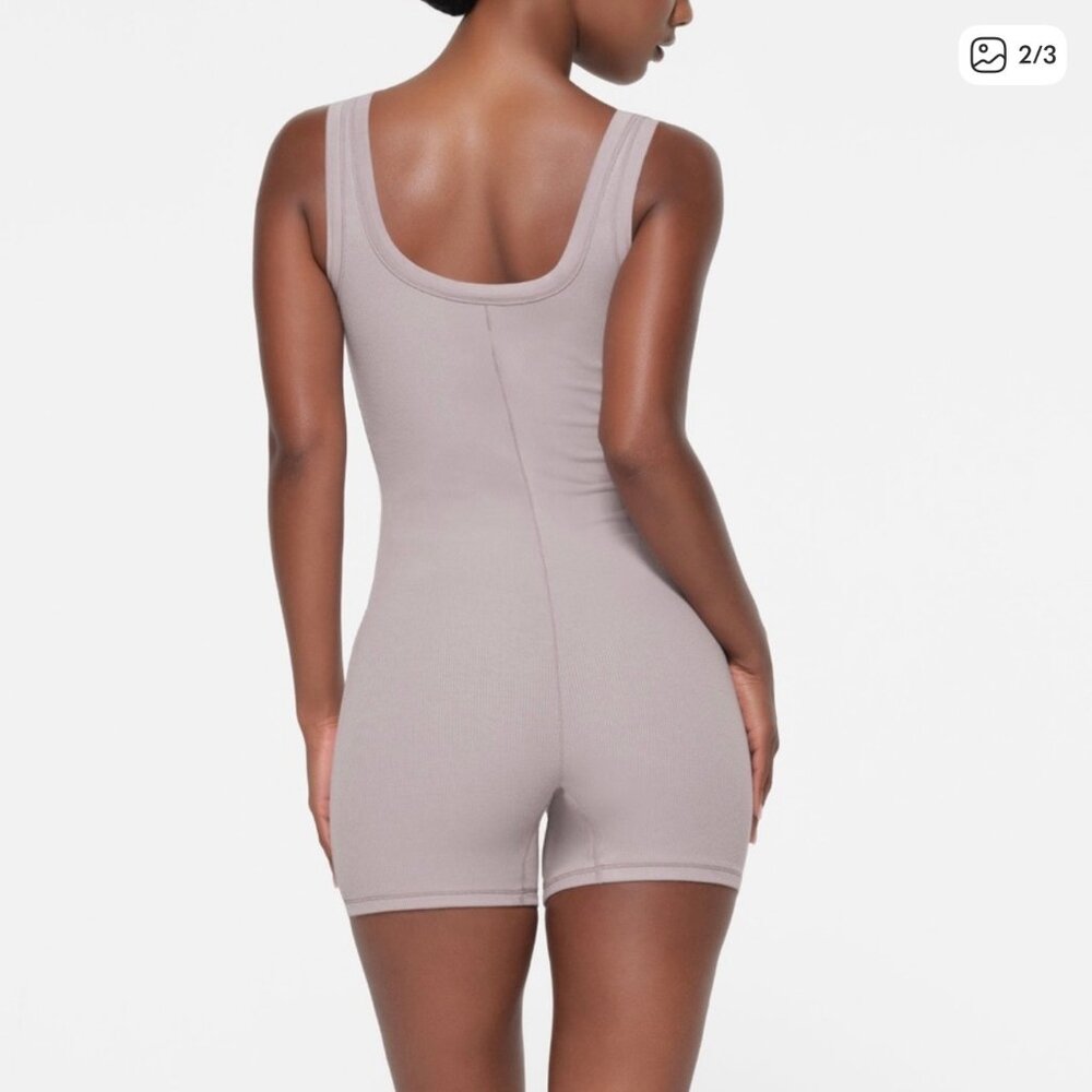 SKIMS Sleeveless Scoop-Neck Ribbed Romper in Taupe - Picture 2 of 6